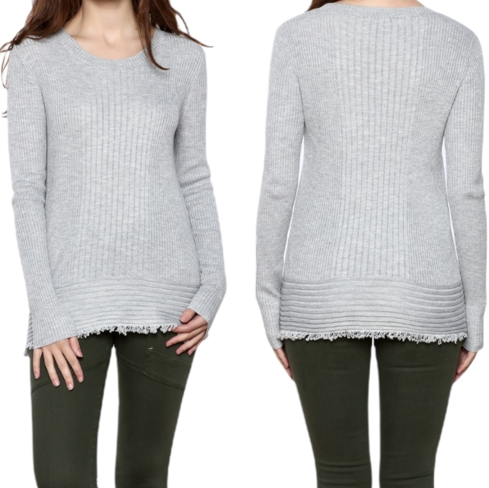 Lumiere Gray Fringe Hem Sweater Size Medium Long Sleeve Crew Neck